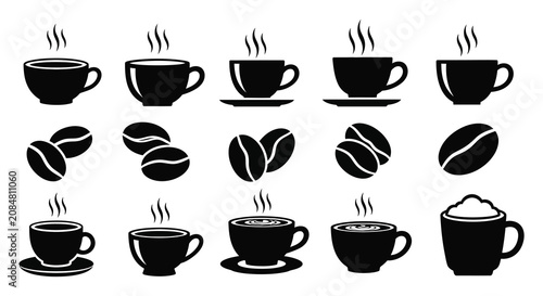 Tableau sur toile Coffee Cups And Beans Collection Black And White Silhouette caffeine
