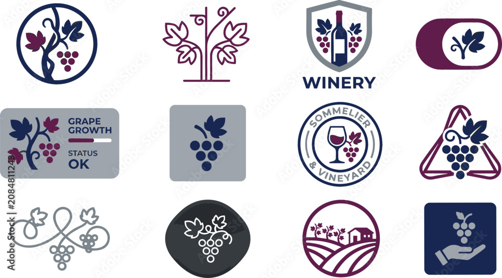 Fototapeta premium Wine and vineyard vector icon set featuring grape vine growth tracking winery shield sommelier badges and alcohol branding logo designs