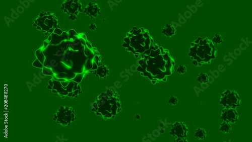 Green glowing microorganisms resemble dangerous viruses hovering in a dark space. The illustration visualizes a hidden microcosm filled with energy, danger, and technological associations.