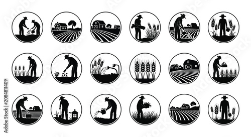 Foto Farming Scenes Within Circular Frames Black Silhouette agriculture harvest rural