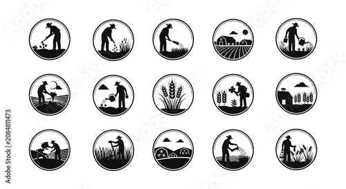 Foto Farming Scenes With Farmers And Crops Black And White Silhouette