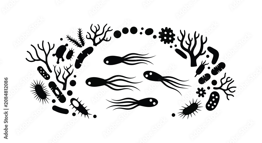 Obraz premium Microscopic organisms and tadpoles depicted as a black silhouette microbe