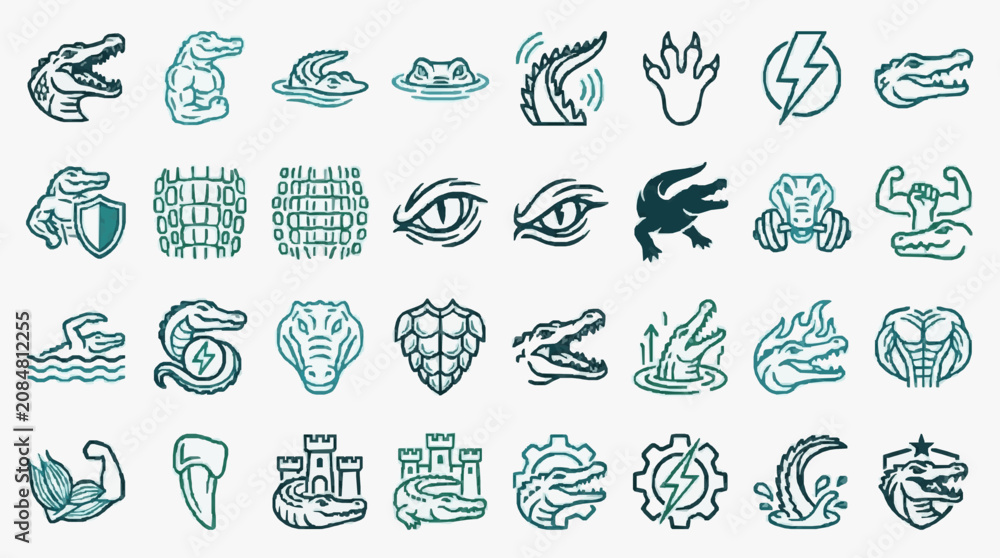Fototapeta premium Collection of Stylized Alligator and Crocodile-Themed Icons