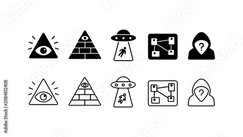 Quadro su tela Conspiracy Theory and Mysterious Symbols Icon Set in Silhouette and Outline Styl