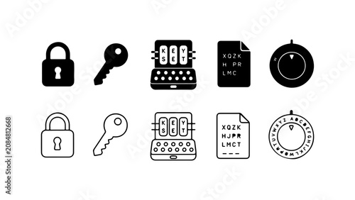 Konstfotografi Encryption and Security Icon Set in Solid Silhouette and Linear Outline Style