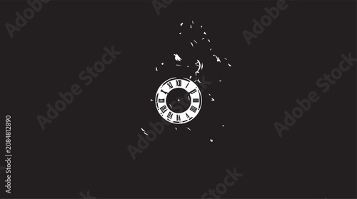 Foto Shattered Timepiece: A vintage clock face, rendered in monochrome and fragmented, drifts against a stark dark background, symbolizing the passage and ephemeral nature of time