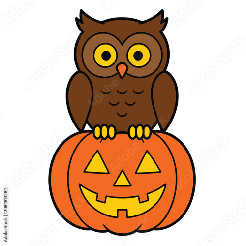 Cute cartoon owl perched on top of a smiling jack-o'-lantern pumpkin graphic
