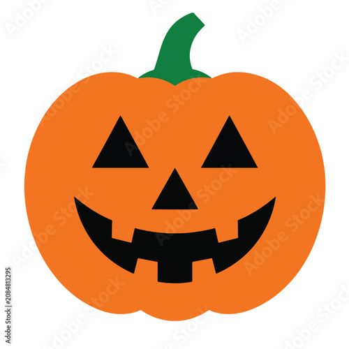 Classic smiling jack-o'-lantern pumpkin with a green stem, simple halloween design