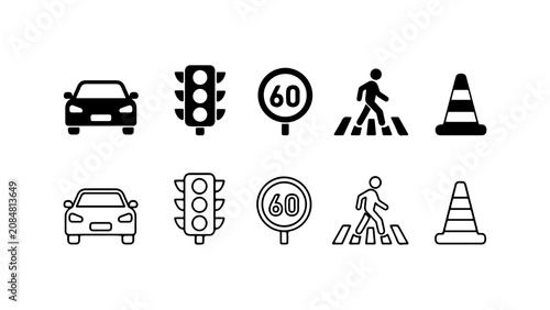 Obraz na płótnie Traffic And Road Safety Icon Set In Silhouette And Outline Style
