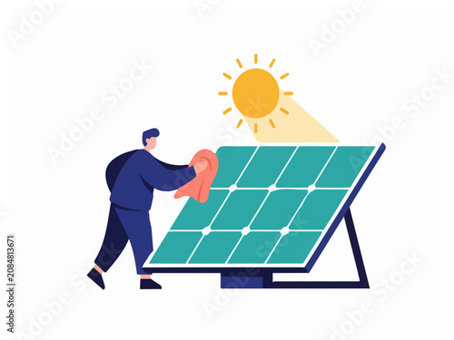 Professional Male Technician Cleaning Photovoltaic Solar Panel for Sustainable Green Energy Maintenance