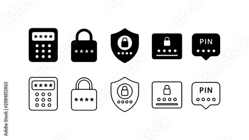 Fotografie Security Pin Code and Password Icon Set in Silhouette and Outline Style