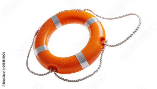 Фотография Isolated orange lifebuoy with reflective silver stripes and rope for marine safe