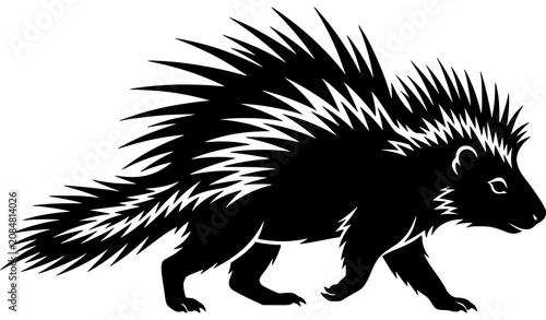 Fotografía Porcupine Black Silhouette Walking Wild Animal Vector Illustration Isolated on W
