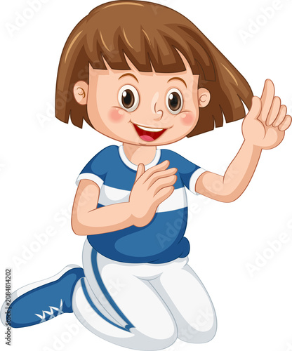 Cute Cartoon Girl Kneeling in Blue Dress Waving — Adorable Sweet Kid Character Illustration on Transparent Background