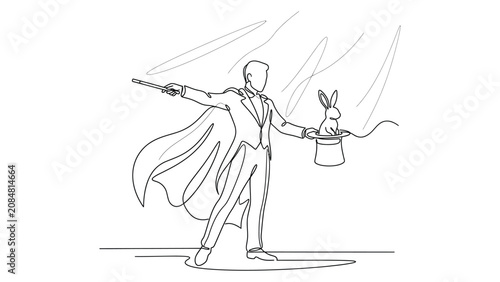 Continuous line drawing of a magician pulling a rabbit out of a hat