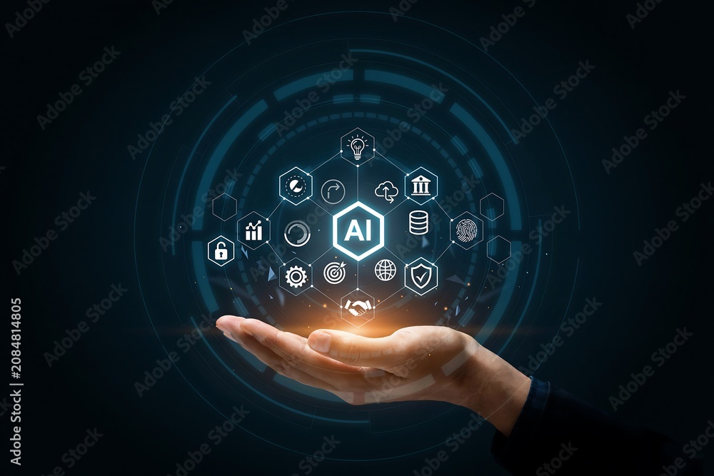 Fototapeta premium Businessman holding a glowing artificial intelligence orb with futuristic digital icons