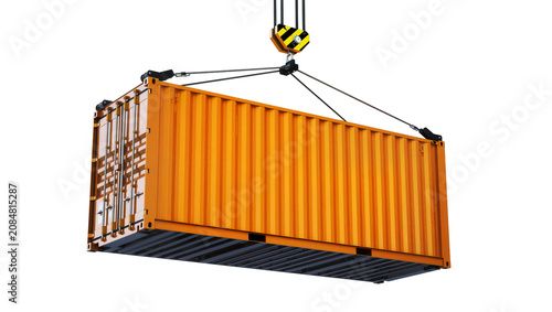 Isolated orange cargo container lifted by industrial crane hook and steel wire cables