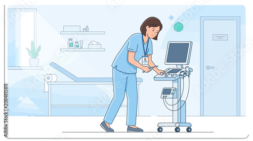 Nurse operating medical ventilator in examination room, healthcare concept