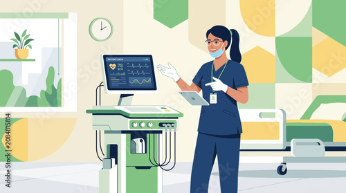 Nurse in uniform, mask, and gloves, points to medical monitor in hospital room.