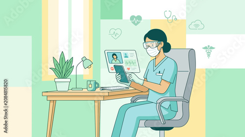 Nurse uses tablet for telemedicine consultation at desk, medical icons