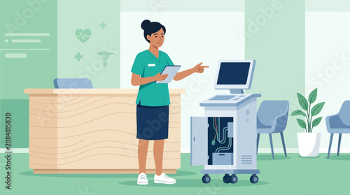 Nurse with Medical Equipment at Reception Desk in Clinic