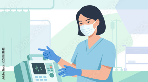 Nurse in Mask Operating Medical Equipment in Hospital Room