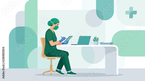 Nurse working at desk with laptop and tablet, medical office illustration