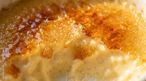 Close-up of a perfectly caramelized crème brûlée with a crisp sugar crust
