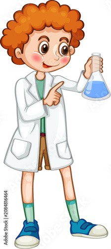 Cute Cartoon Girl Scientist in White Lab Coat Holding Blue Flask — Adorable Smart Kid Character Illustration on Transparent Background