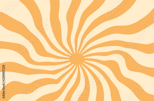 Retro groovy sunburst background with abstract wavy spiral sun rays in warm orange and cream colors. Psychedelic hippie style vector pattern for posters, textiles, covers and prints.