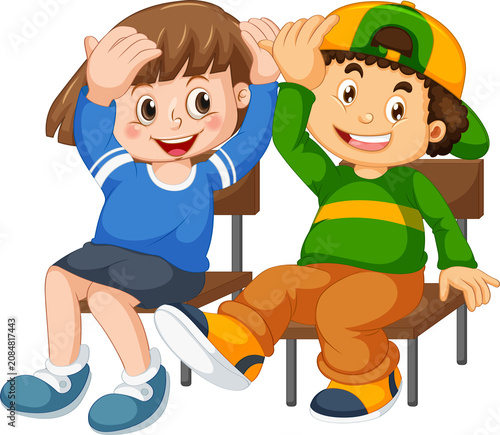 Cute Cartoon Two Boys Sitting and Laughing Together on Bench — Adorable Funny Friends Kids Character Illustration on Transparent Background