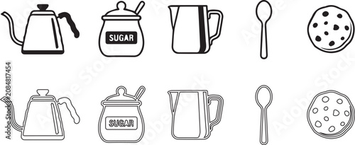 Bild auf Leinwand Kitchen and dining icons featuring tea kettles sugar bowls cream pitchers spoons and cookies shown in solid black and outlined vector doodle designs