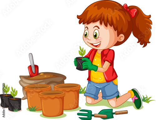 Cute Cartoon Two Kids Gardening Together with Flower Pots — Adorable Nature Activity Kids Character Illustration on Transparent Background