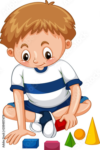 Cute Cartoon Boy Sitting Playing with Colorful Building Blocks — Adorable Creative Kids Character Illustration on Transparent Background