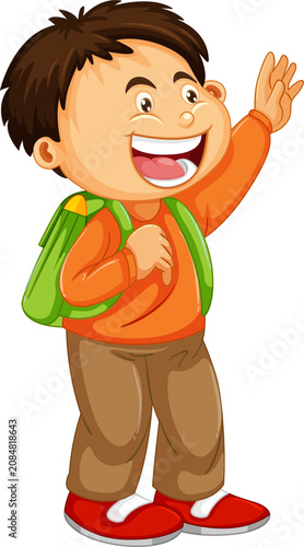 Cute Cartoon Boy Waving Hello with Orange Backpack — Adorable Cheerful School Kid Character Illustration on Transparent Background