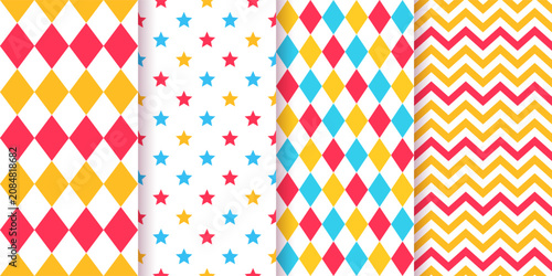 Circus seamless pattern collection. Checkered diamond textures. Harlequin lozenge backgrounds. Set blue red yellow rhombus plaid prints. Modern argyle geometric backdrops. Vector illustration.