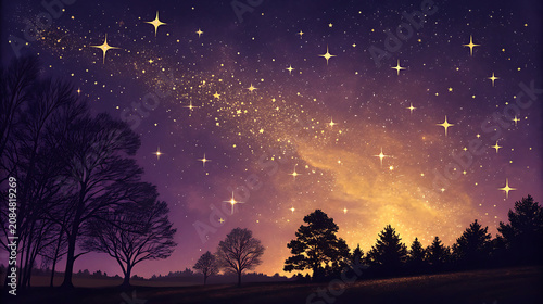 Deep purple night sky with golden stardust and silhouetted trees