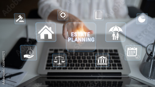 Quadro su tela Person Engaging with Digital Estate Planning Icons on Laptop in a Modern Office Environment