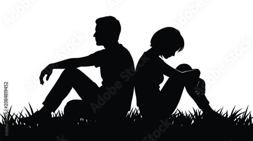 Fotografie A black vector illustration showing a sad couple sitting back to back on the gra