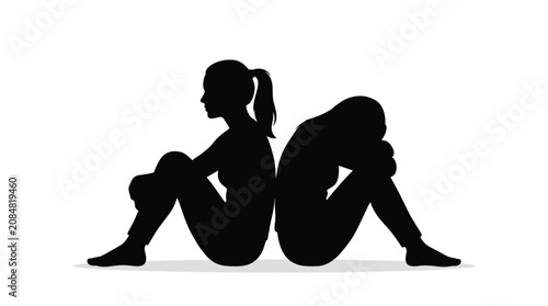 Bild auf Leinwand Black vector illustration showing two sad women sitting back to back in a lonely