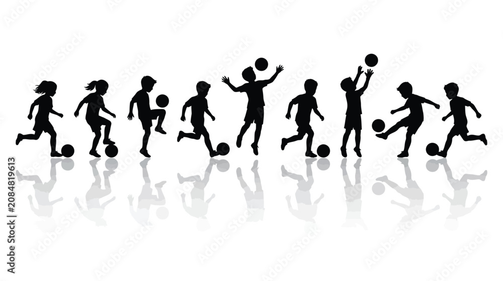 Obraz premium Black silhouette vector illustration of active children playing a fun game of soccer with balls