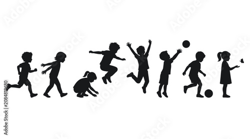 Bild auf Leinwand Black vector illustration showing various active children playing together in a