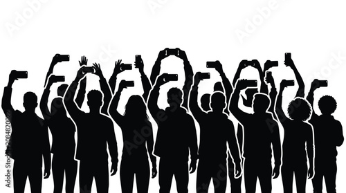 Fotografie Black silhouette vector illustration of a crowd of people holding up smartphones