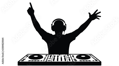 Konstfotografi Black silhouette vector illustration of a professional disc jockey performing mu