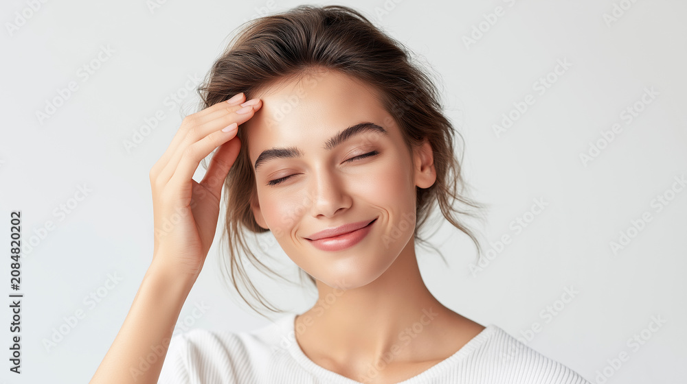 Fototapeta premium Attractive young woman with closed eyes touching forehead with hand and broadly smiling on a white background with free space
