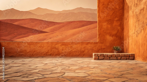 Desert landscape viewed through terracotta architectural opening