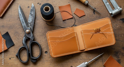 A top-down view of a wooden workbench with handmade leather crafting tools. An open light brown leather wallet is in the center, surrounded by heavy vintage scissors
