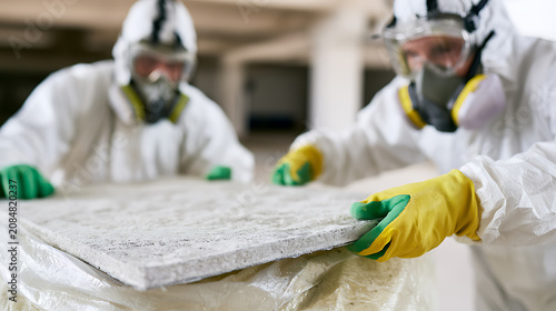 Professional worker prepare to remove hazardous material in protective suit and respirator mask, handle contaminated debris for safe disposal