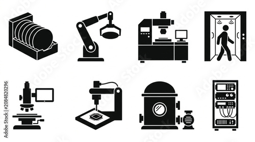 Set of semiconductor manufacturing equipment and industrial technology icons