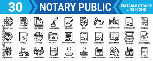 Foto Set of 30 notary public line icons representing legal services and official document authentication work Minimal stroke liner icon set bundle collection